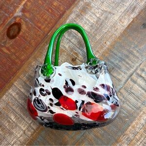 Art Glass Purse Vase Millefiori Murano Style Rare Green Handle Red Black White
